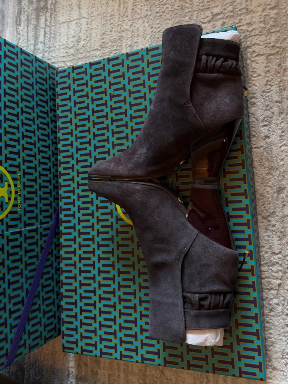 Tory Burch Lila Dark Gray Suede Ankle Bootie